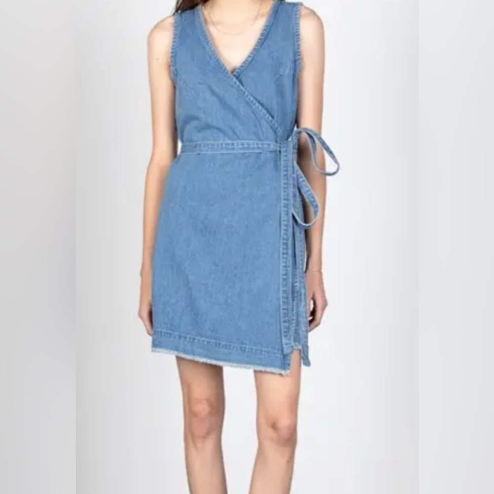 Denim Wrap Sleeveless Dress with Raw Hem | Preppy | Size Medium